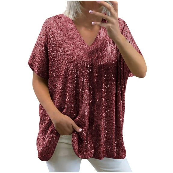 Otntypg Plus Size Sequin Tops for Women Dressy Casual Short Sleeve Party Blouse Evening Sparkle Shimmer Sexy Deep V Neck Loose Flowy Glitter Shirt Wine XXXL