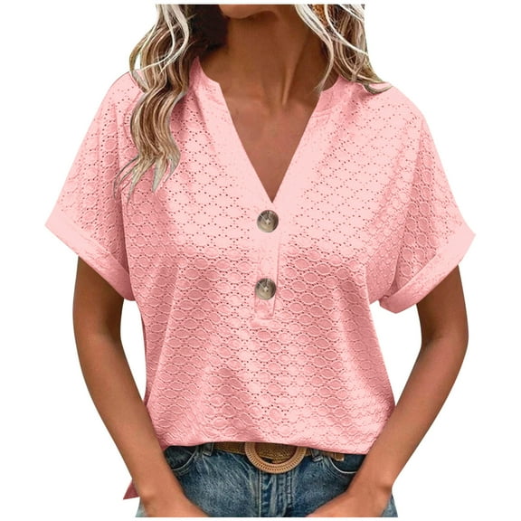 Otntypg Plus Size Summer Tops for Women Trendy 2025 Short Sleeve Half Button V Neck Eyelet Tunic Blouse Dressy Casual Loose Ladies Blouses Going Out Shirts A01-Pink XXXL