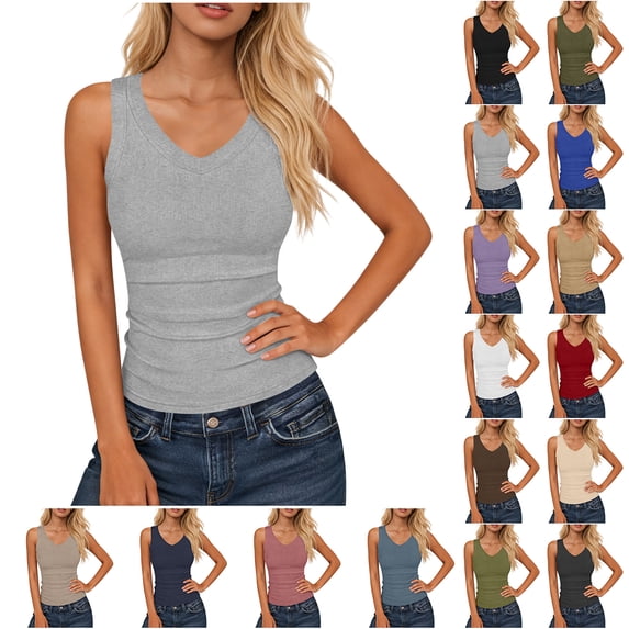 Otntypg Plus Size Tank Tops for Women V Neck Ribbed Knit Slim Fitted Sleeveless Basic Solid Color Cami Workout Tee Tanks Casual Summer Clothes 2026 Coffee XXXL