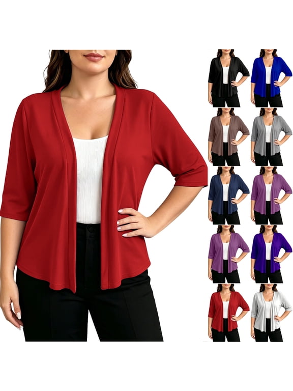Plus Size Thin Shrugs for Women Half Sleeve Cropped Cardigan Lightweight Solid Color Fall Summer Knit Sweaters Open Front Bolero
