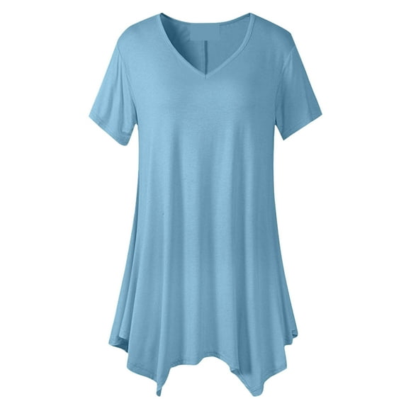 Otntypg Plus Size Tops for Womens Summer Trendy Solid Color Loose Flowy Casual Short Sleeve Shirts Ladies Elegant V Neck Tunic Asymmetrical Blouses Light Blue M