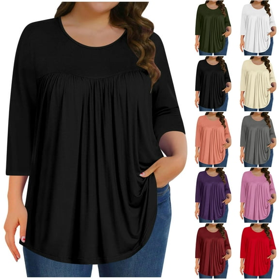 Otntypg Plus Size Tops for Women Pleated Front Crewneck Short Sleeve Blouses to Hide Belly 2025 Summer Flowy Tunic Shirts for Leggings Army Green XXL