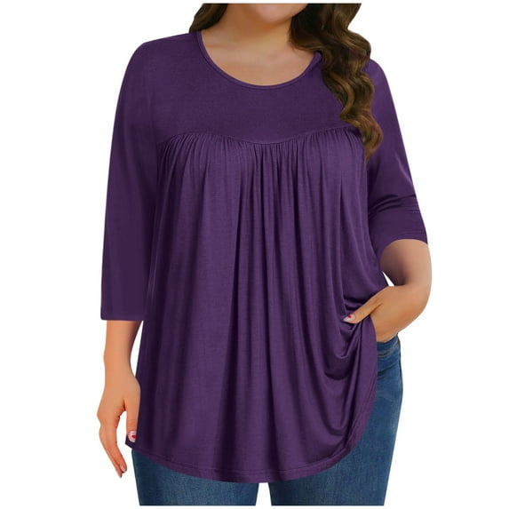 Otntypg Plus Size Tops for Women Pleated Front Crewneck Short Sleeve Blouses to Hide Belly 2025 Summer Flowy Tunic Shirts for Leggings Purple XXXXXL
