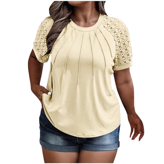 Otntypg Plus Size Tunic Tops for Women Dressy Casual Lace Crochet Eyelet Hollow out Patchwork Short Sleeve Ruched Pleated Crewneck T Shirts Loose Oversized Flowy Blouse Beige XL