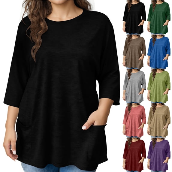 Otntypg Plus Size Tunic Tops for Women Loose Fit Dressy Casual 3/4 Length Sleeve Oversized Crewneck Pullover Tshirts Shirts with Pockets Green XXXXL