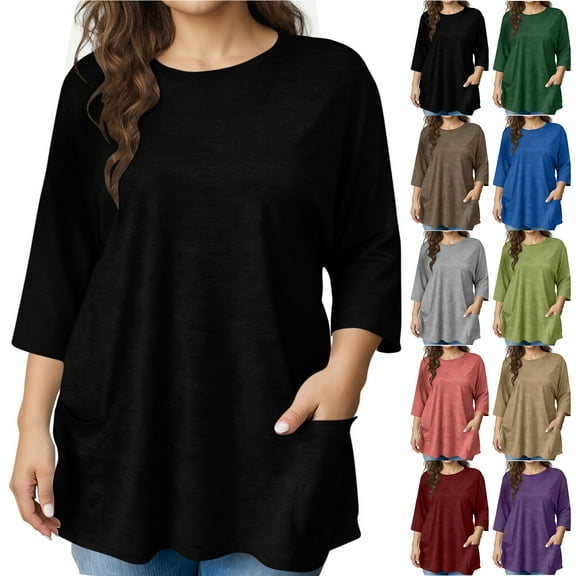 Otntypg Plus Size Tunic Tops for Women Loose Fit Dressy Casual 3/4 Length Sleeve Oversized Crewneck Pullover Tshirts Shirts with Pockets Wine XXXL