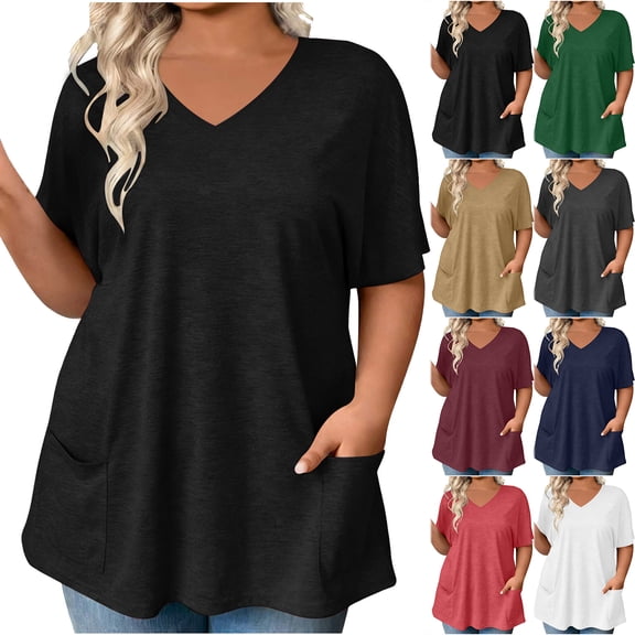 Otntypg Plus Size V Neck Tunic Tops for Women Loose Fit Summer Short Sleeve Oversized Baggy Tshirts Shirts Trendy Cozy Blouses with Pockets Army Green XL