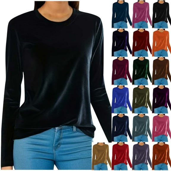 Otntypg Plus Size Velvet Tops for Women Elegant Casual Solid Color Long Sleeve Crewneck Pullover T-Shirts Loose Fit Cozy Tunic Blouse Trendy Spring Outfit Clothes Bronze L