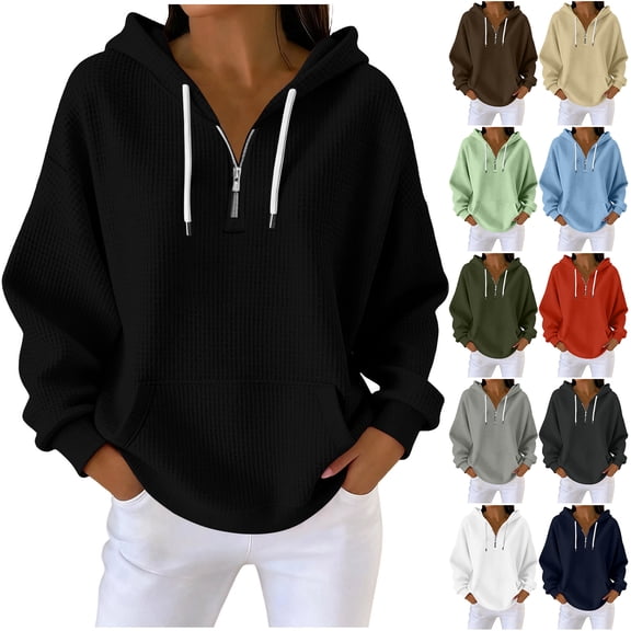 Otntypg Plus Size Waffle Knit Hoodie Tops for Women Lightweight Casual Quarter Zip up Long Sleeve Drawstring Hooded Pullover Sweatshirts Loose Oversized Baggy Sweaters with Pockets Red L
