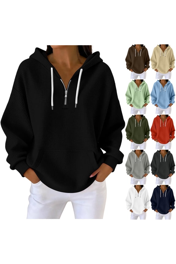 Plus Size Waffle Knit Hoodie Tops for Women Lightweight Casual Quarter Zip up Long Sleeve Drawstring Hooded Pullover Sweatshirts Loose Oversized Baggy Sweaters with Pockets Navy XXXL