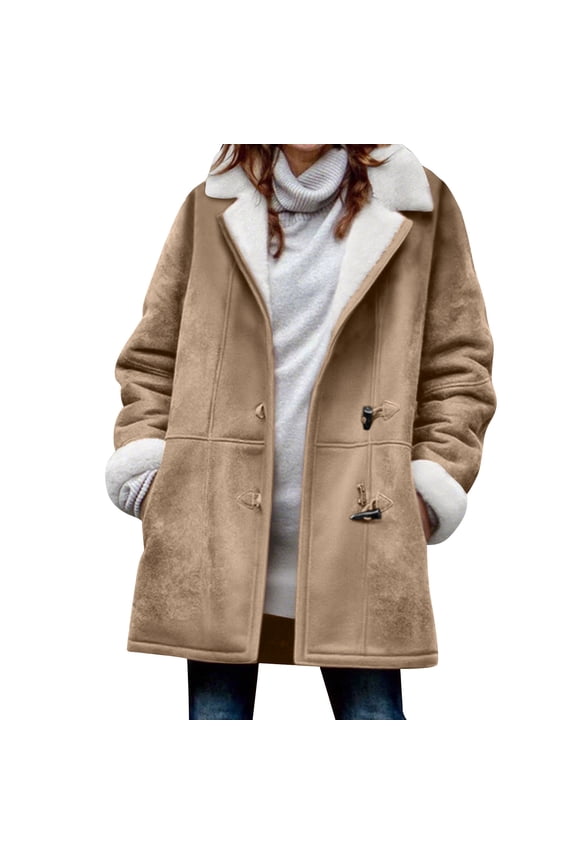 Plus Size Winter Coats for Women Plush Thick Warm Long Sleeve Horn Button Down Sherpa Fleece Lined Hooded Jackets Trendy Faux Suede Pea Coat Outerwear with Pockets Khaki XXXL