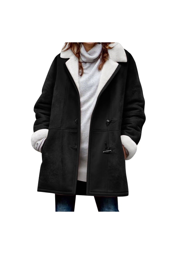 Plus Size Winter Coats for Women Plush Thick Warm Long Sleeve Horn Button Down Sherpa Fleece Lined Hooded Jackets Trendy Faux Suede Pea Coat Outerwear with Pockets Black XXXXXL