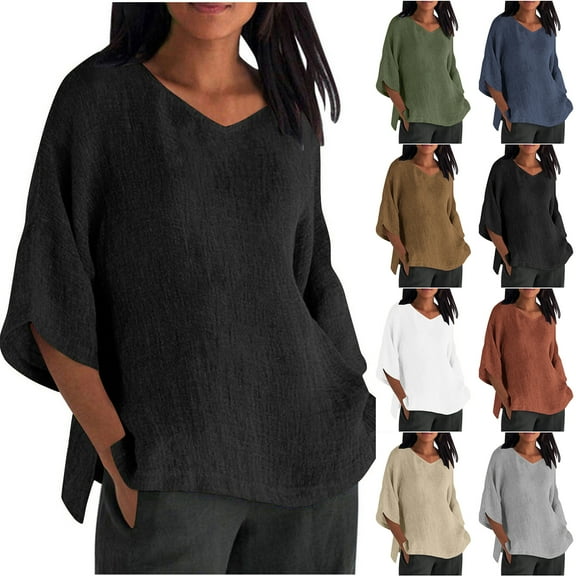 Otntypg Plus Size Women Cotton Linen Shirts Dressy Casual Summer 3/4 Lenght Sleeve V Neck Solid Color Basic Workout Tees Lightweight Comfy Side Slit Tunic Tops Army Green XXXL