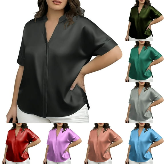Otntypg Plus Size Women Silk Satin Tops Dressy Summer Short Sleeve Blouse Loose Fit V Neck Oversized Tunic Shirts Business Casual Outfits Gray XXL