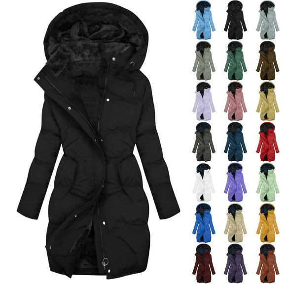 Otntypg Plus Size Women's Long Winter Down Velvet Coat 2025 Fashion Full Zip up Hooded Outwear Plush Sherpa Fleece Lined Warm Slim Fit Thickened Jacket with Deeped Pocket Black XXXXL