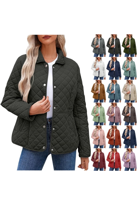 Plus Size Women's Winter Quilted Jackets Lightweight Long Sleeve Button Down Diamond Puffer Jacket Plush Thick Warm Basic Lapel Collared Outerwear Coats with Pockets Black XXL
