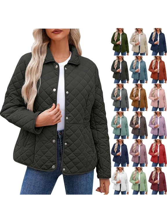 Plus Size Women's Winter Quilted Jackets Lightweight Long Sleeve Button Down Diamond Puffer Jacket Plush Thick Warm Basic Lapel Collared Outerwear Coats with Pockets