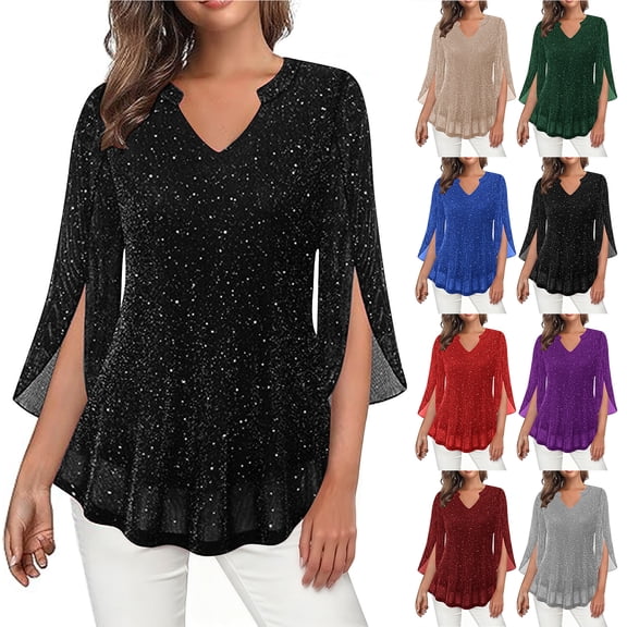 Otntypg Plus Size Womens 3/4 Ruffle Sleeve Sparkly Tops Lightweight Casual Sequin V Neck Flowy Tunic Blouses Dressy Casual Spring Summer Out Going Shirts Red XXXXL
