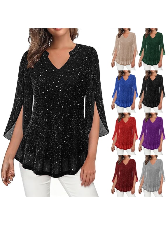 Plus Size Womens 3/4 Ruffle Sleeve Sparkly Tops Lightweight Casual Sequin V Neck Flowy Tunic Blouses Dressy Casual Spring Summer Out Going Shirts Red XXXXL