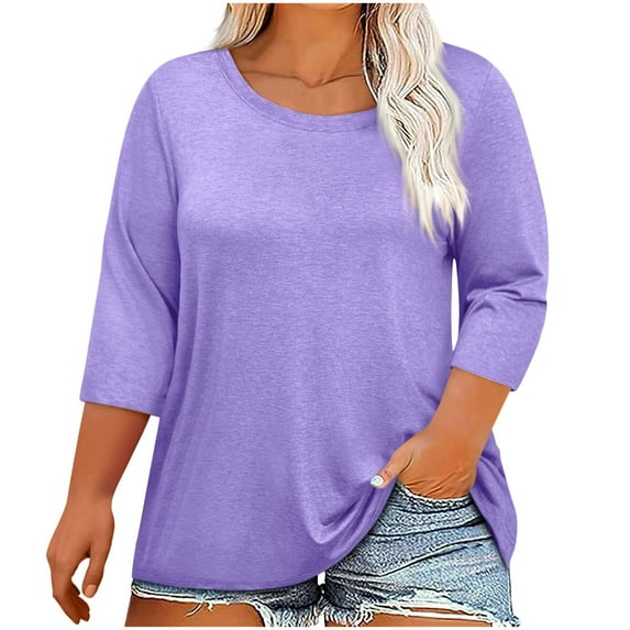 Otntypg Plus Size Womens 3/4 Sleeve T-Shirts Summer Casual Round Neck Cute Tunic Tops Trendy Basic Solid Color Crewneck Oversized Tees Shirt Purple XXXXXL