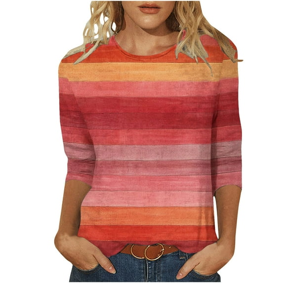 Otntypg Plus Size Womens 3/4 Sleeve Tops Fall Dressy Casual Striped Color Block Print Crew Neck Basic Tunic Tees Tshirt Loose Oversized Comfy Fashion Blouse Red#02 M