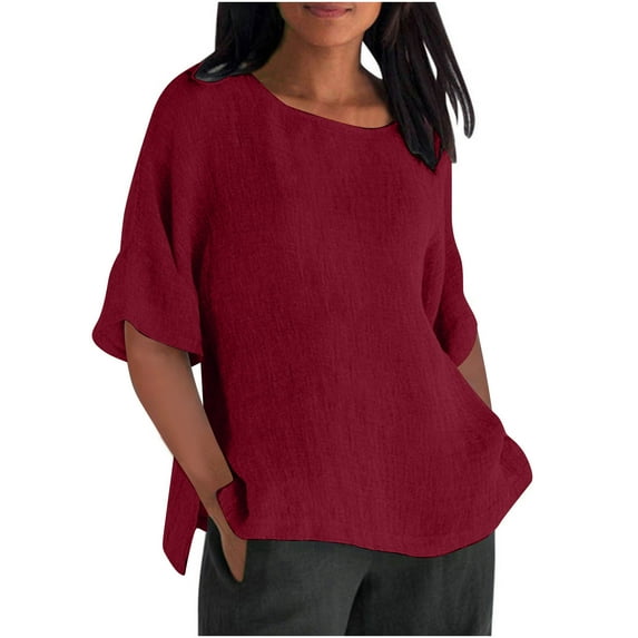 Otntypg Plus Size Womens Cotton Linen Shirts Loose Fit Casual Elbow Length Sleeve Oversized Crewneck Basic Tunic Blouse Lightweight Comfy Pullover Tops Wine XXXL