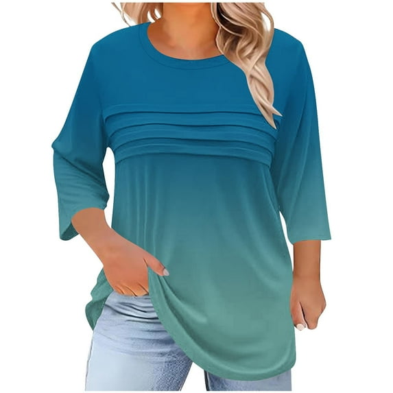 Otntypg Plus Size Womens Ombre T-Shirts Loose Oversized Casual Fall Ruched Pleated Flowy Tunic Blouse Dressy 3/4 Sleeve Gradient Color Crewneck Pullover Sweatshirts Light Blue XXXXXL