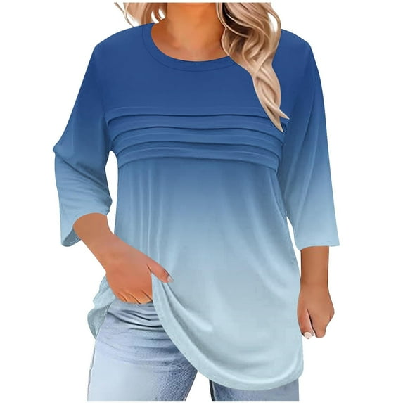 Otntypg Plus Size Womens Ombre T-Shirts Loose Oversized Casual Fall Ruched Pleated Flowy Tunic Blouse Dressy 3/4 Sleeve Gradient Color Crewneck Pullover Sweatshirts Navy XL