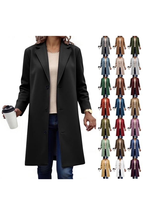 Plus Size Womens Peacoat Notched Lapel Collar Single-Breasted Trench Coats Loose Casual Wool Blend Long Jacket 2025 Fall Winter Outerwear Black XXXL