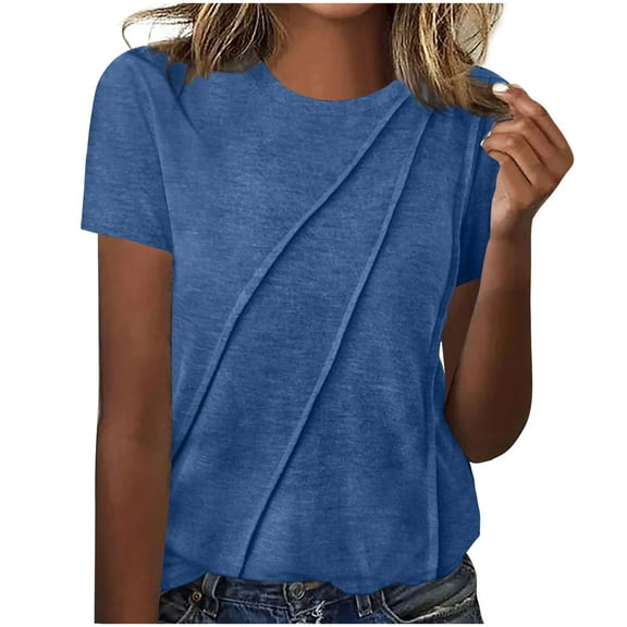 Otntypg Plus Size Womens Short Sleeve Tops Ruched Pleated Crew Neck Summer Basic Workout Tee Shirts Casual Loose Fit Blouse Blue M