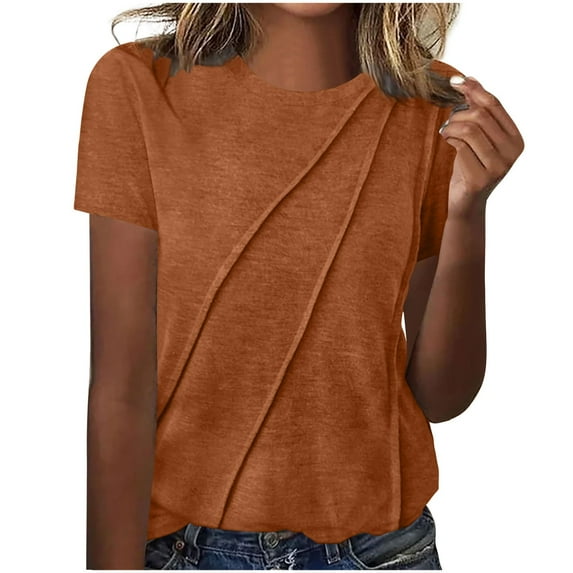 Otntypg Plus Size Womens Short Sleeve Tops Ruched Pleated Crew Neck Summer Basic Workout Tee Shirts Casual Loose Fit Blouse Brown L