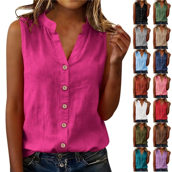 Otntypg Plus Size Womens Sleeveless Button Down Shirts Cotton Linen Tank Tops Lightweight Dressy Casual V Neck Loose Oversized Blouses Business Work Tops