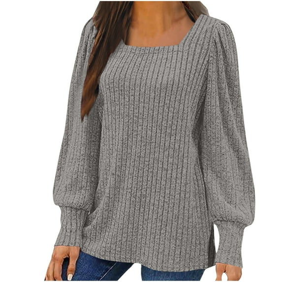 Otntypg Plus Size Womens Striped Ribbed Knit Sweaters Lightweight Casual Square Neck Puff Sleeve Pullover Blouse Loose Fit Comfy Trendy Oversized Baggy Side Slit Hem Tunic Shirts Gray L