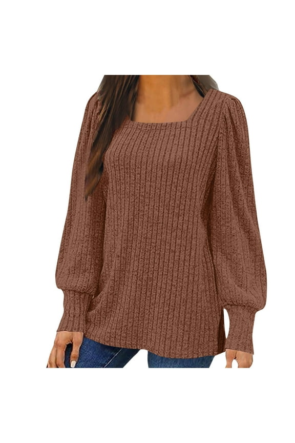 Plus Size Womens Striped Ribbed Knit Sweaters Lightweight Casual Square Neck Puff Sleeve Pullover Blouse Loose Fit Comfy Trendy Oversized Baggy Side Slit Hem Tunic Shirts Bronze L