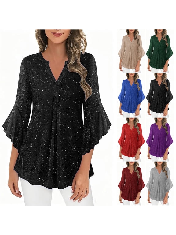 Plus Size Womens Tops 3/4 Length Ruffled Sleeve Dressy Casual Blouses Loose Overszied Flowy Double Layers V Neck Tunic Shirt Purple S
