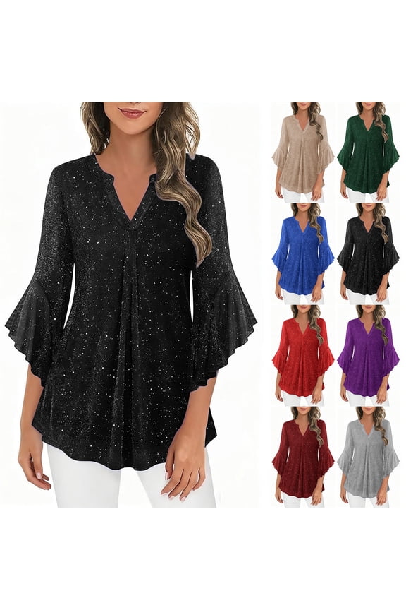 Plus Size Womens Tops 3/4 Length Ruffled Sleeve Dressy Casual Blouses Loose Overszied Flowy Double Layers V Neck Tunic Shirt Purple XXXXL