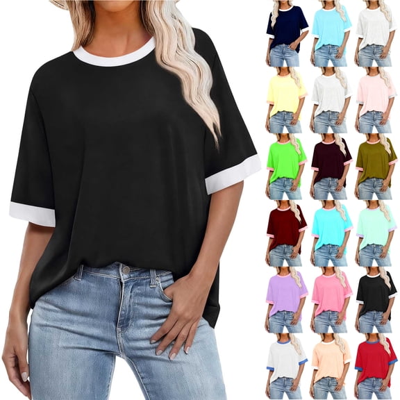 Otntypg Plus Size Womens Tops Color Block Summer Short Sleeve Crew Neck Tunic T-Shirts Loose Oversized Casual Vacation Tees Shirt Blouse Gray S