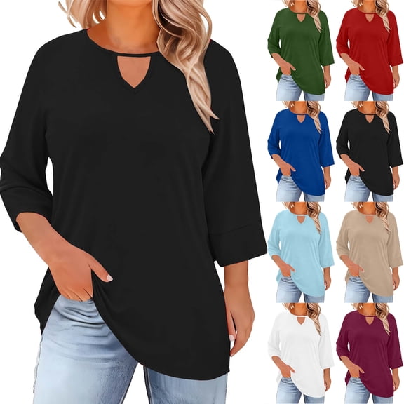 Otntypg Plus Size Womens Tops Dressy Casual 3/4 Length Sleeve Keyhole Cutout Crewneck T-Shirts Trendy Oversized Loose Flowy Tunic Blouse Army Green XXL