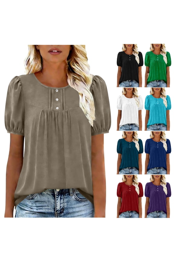 Plus Size Womens Tops Dressy Casual Blouses Puff Short Sleeve Button Neckline Shirts Loose Flowy Trendy Summer Button Ruched Pleated Front Tunics Green XXL