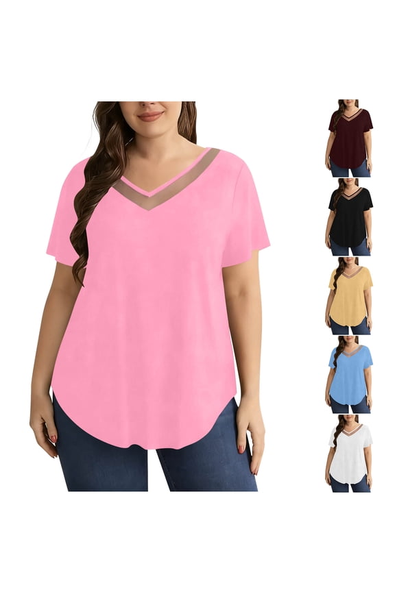 Plus Size Womens Tops Dressy Casual Mesh See Through Striped Patchwork V Neck Summer Short Sleeve Oversized T-Shirts Trendy Irregular Hem Tunic Blouse for Leggings Pink XXL
