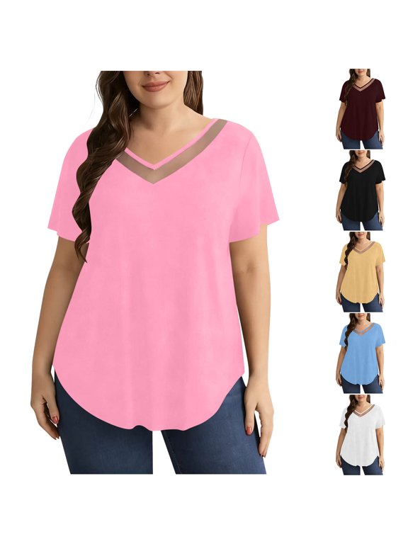 Plus Size Womens Tops Dressy Casual Mesh See Through Striped Patchwork V Neck Summer Short Sleeve Oversized T-Shirts Trendy Irregular Hem Tunic Blouse for Leggings Black XXL