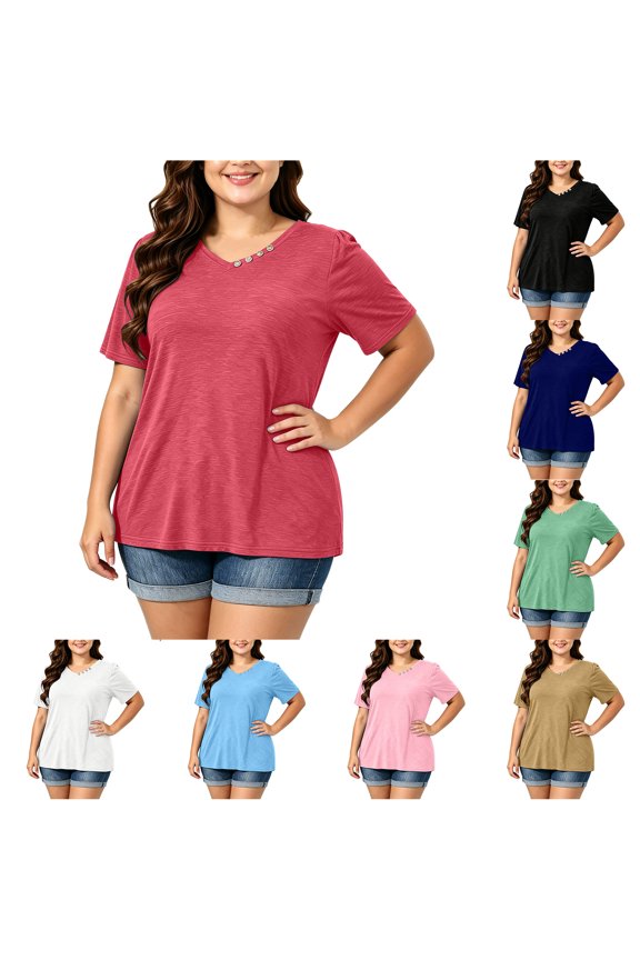 Plus Size Womens Tops Loose Fit Casual Summer Button Decor V Neck Short Sleeve T-Shirts Trendy Oversized Flowy Tunic Blouse to Wear with Leggings