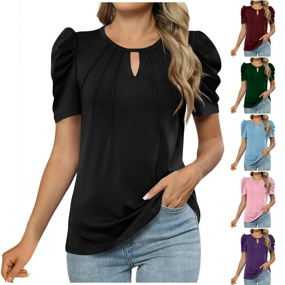 Otntypg Puff Short Sleeve Shirt for Women Dressy Casual Ruched Pleated Summer Tops Sexy Coutout V Neck Keyhole Tunic Blouses Green L