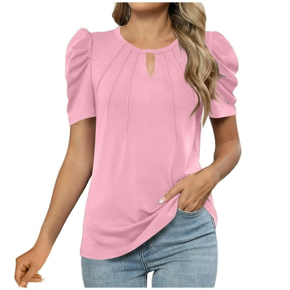 Otntypg Puff Short Sleeve Shirt for Women Dressy Casual Ruched Pleated Summer Tops Sexy Coutout V Neck Keyhole Tunic Blouses Pink XXL