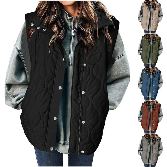 Otntypg Puffer Vest Women Fall Winter Plush Thick Warm Sleeveless Quilted Jacket Lightweight Snap Zip Up Stand-up Collar Down with Pockets Outerwear Tops Khaki S