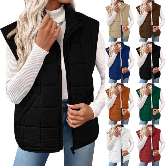Otntypg Puffer Vest Women Lightweight Winter Thick Warm Full Zip Up Quilted Vest Soft Cotton Padded Gilet Sleeveless Down Jacket with Pockets Coffee M