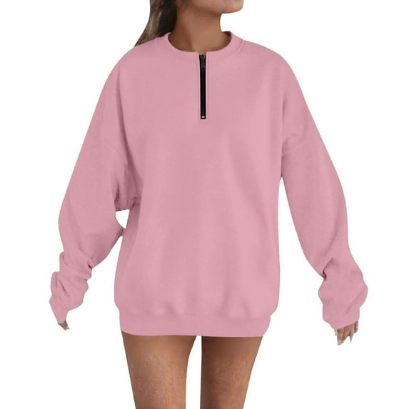 Otntypg Quarter Zip up Sweatshirts for Women Lightweight Casual Fall Long Sleeve Crewneck Basic Athletic T-Shirts Loose Oversized Baggy Pullover Tops Pink S