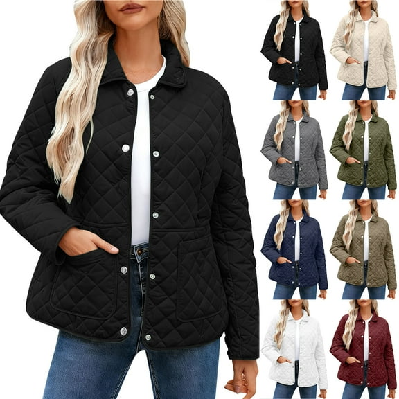 Otntypg Quilted Jackets for Women Lightweight Long Sleeve Button Down Puffer Jacket Oversized Casual Plush Thick Warm Winter Lapel Collar Outwear Coats with Pocket Black M