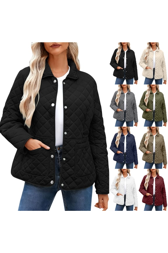 Quilted Jackets for Women Lightweight Long Sleeve Button Down Puffer Jacket Oversized Casual Plush Thick Warm Winter Lapel Collar Outwear Coats with Pocket White L