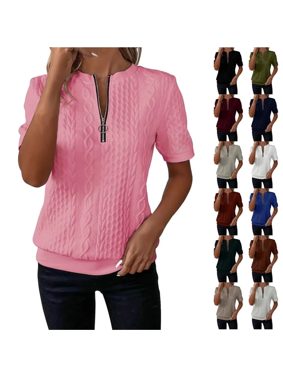 Quilted Shirts for Women Half Zip up V Neck Summer Puff Short Sleeve Banded Bottom Blouses Trendy Textured Knit Fall Pullover Sweater Tops